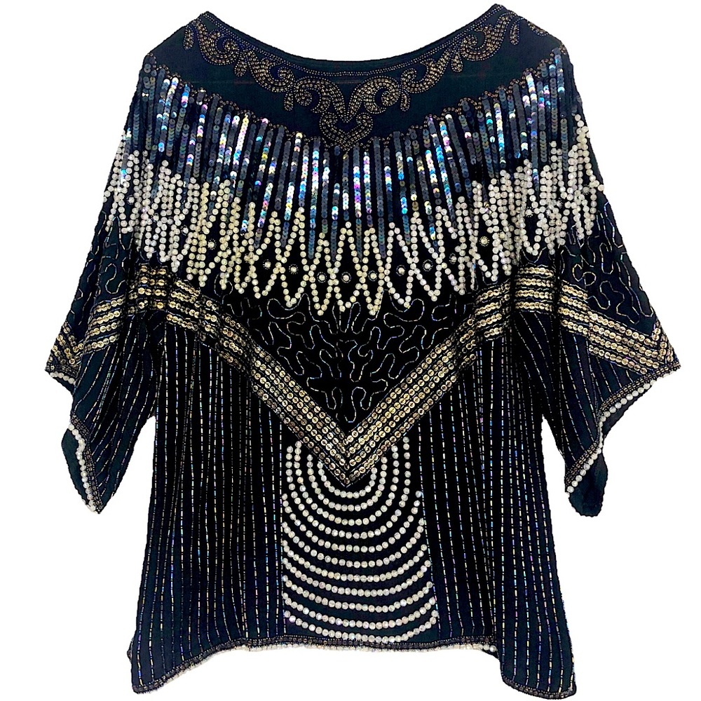 VINTAGE 80s 90s Art Deco Inspired Beaded Sequin Blouse Black Silk